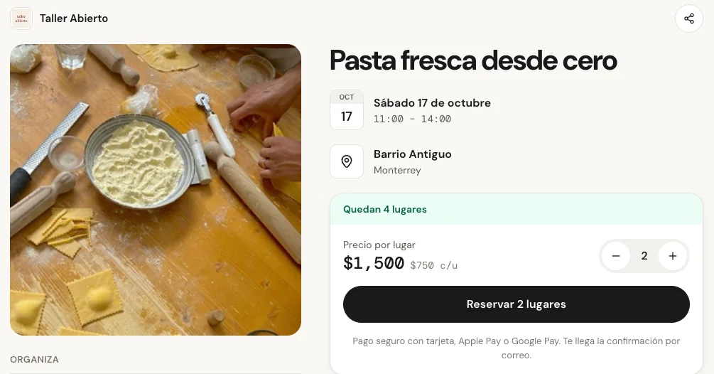 Página del evento que ve el cliente: quedan 4 lugares, 2 lugares por $1,500 y botón Reservar 2 lugares