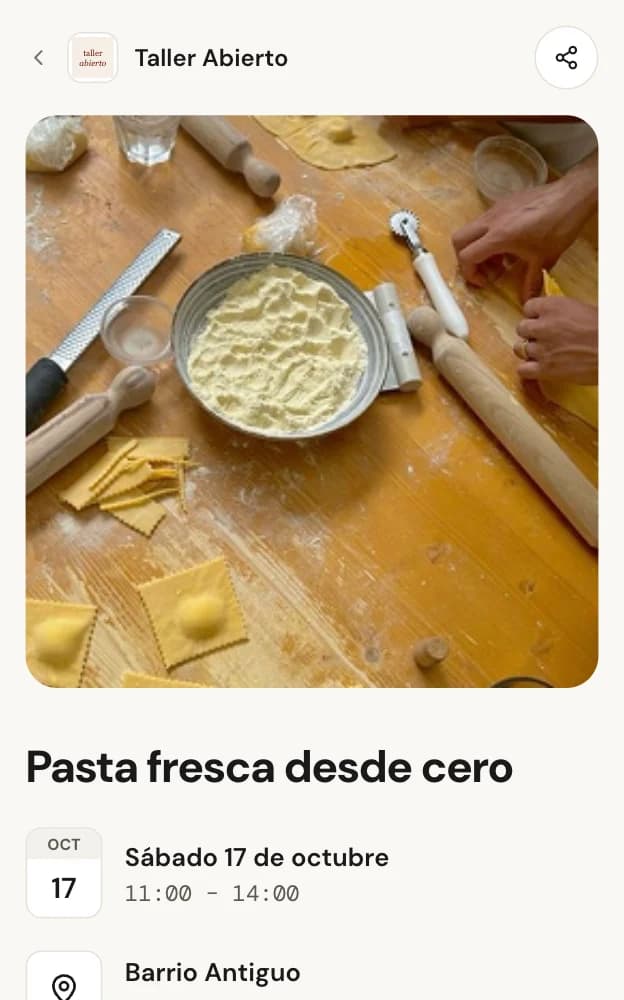 La página del evento Pasta fresca desde cero en el celular, con la foto del taller, la fecha y el lugar